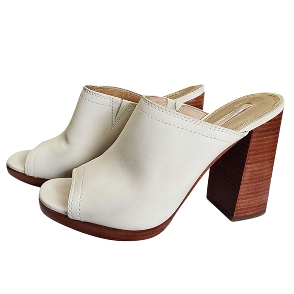 FRYE Cream Block Heel Clog Mules with Peep-Toe - 8M - Picture 3 of 10